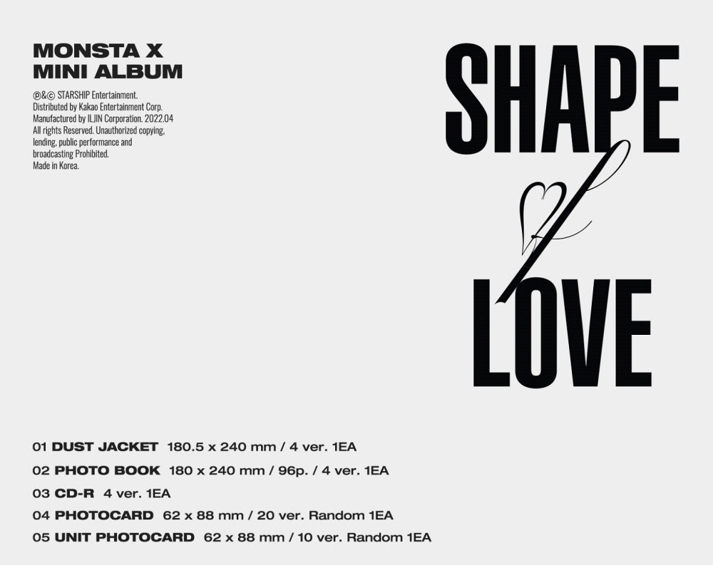 Monsta X Shape of Love 11th Mini Album Kit Version Air-Kit+1p Title&Credit  Card+1p Postcard+24p PhotoCard+1p Member PhotoCard+Tracking Sealed :  : Home